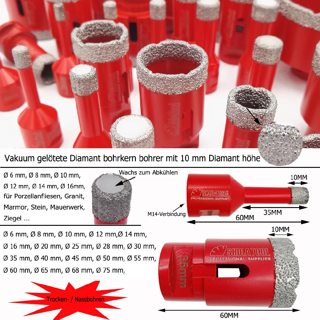 Shdiatool Vacuum Brazed Diamond Drilling Bits Core Bit with M14 Thread